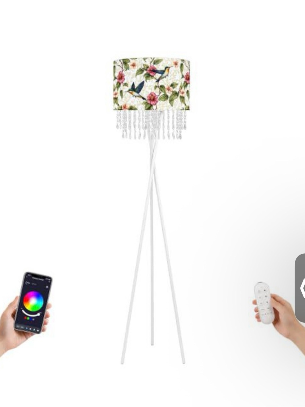 Floral Bird Print Tripod Floor Lamp with Beaded Fringe - White